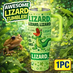 1pc 40oz Green Lizard Tumbler, Funny Cartoon Reptile Insulated Mug with Handle, Stainless Steel Vacuum Travel Cup for Coffee, Tea, Water and Cold Drinks, Large Capacity Drinkware Gift for Women, Men, Reptile Fans and Lizard Lovers