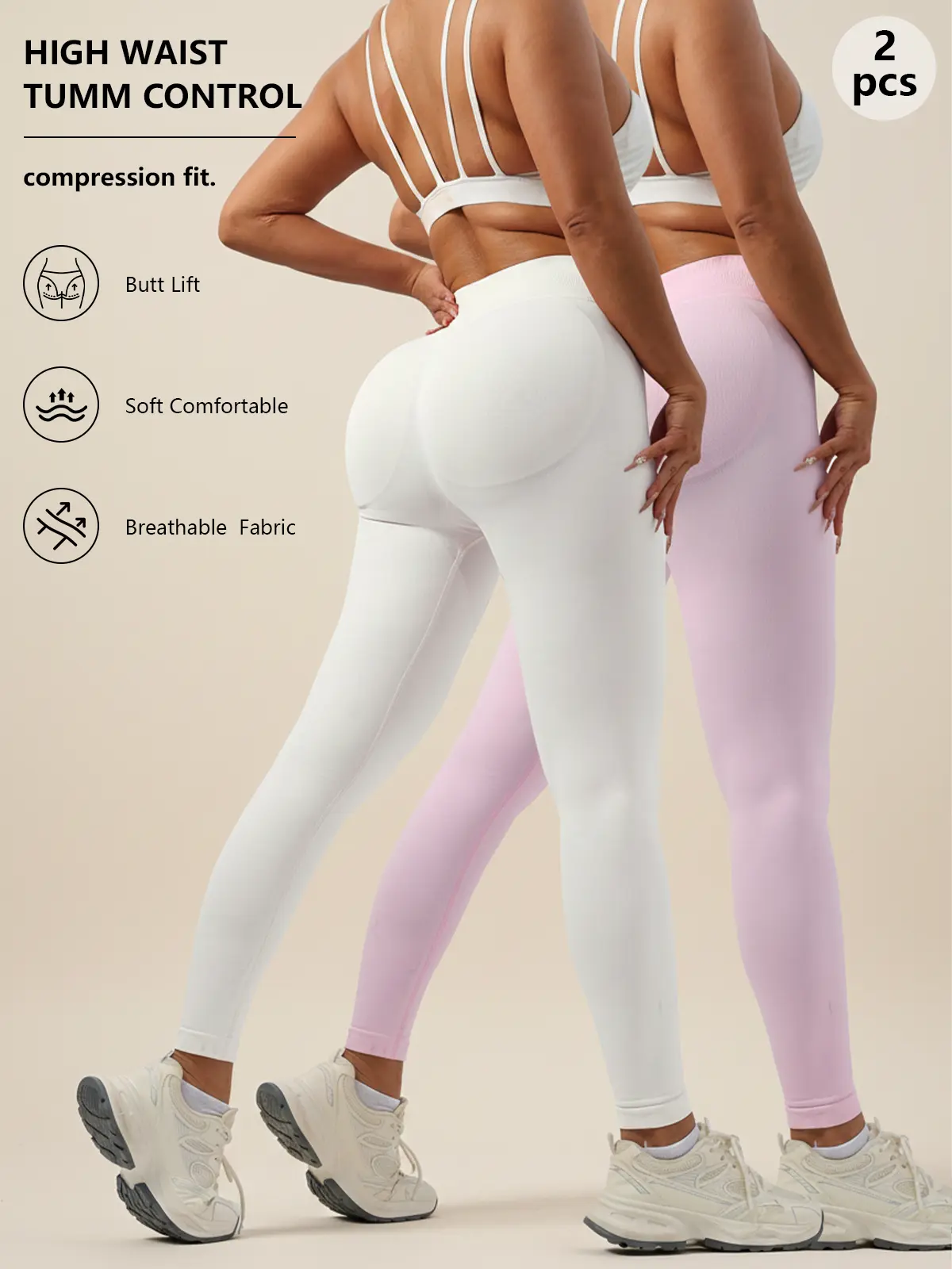 QGU women’s two-pack three-layer yoga leggings waistband, all-season activewear — peach butt shaping, ultra stretch, seamless — sportswear, fitness apparel, workout bottoms — suitable for high-intensity training and everyday wear