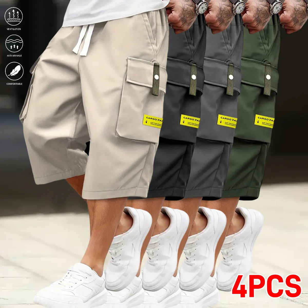 Men’s Solid Plain 7/8 Baggy Cargo Pants - Basics Preppy Athletic Pants with Drawstring Elastic Waistband, Multiple Practical Pockets for Outdoors & Casual Wear