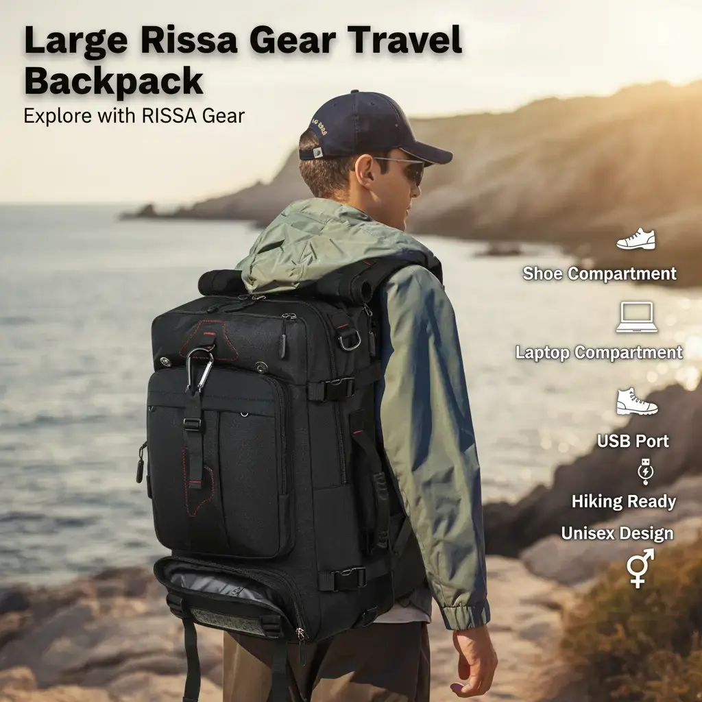 Large Zipped Adventure Carry-On Travel Backpack - Men's & Women's Outdoor Bag with Shoe Compartment, Laptop Compartment, USB Port for Hiking, Black, Adventure Travel Bags, Carry-On Travel Bags