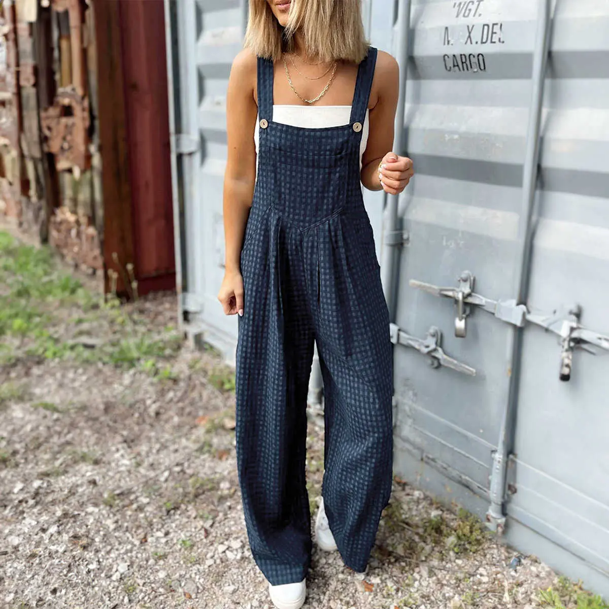 Sail Blue Plaid Print Buttoned Pocketed High Waist Overall