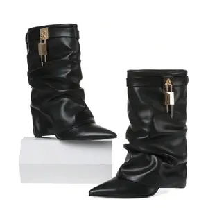 Women's Padlock Ankle Boots Fold Over Wedge Heel Booties Wide-Calf Short Shoes