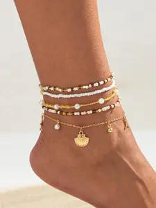 5 Piece Beach Vacation Starfish Pendant Shell Anklet Set, Fashion Beaded Ankle Chain, Stylish Seashell Jewelry Collection, Fashionable Accessory