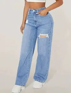 Washed and Torn Out Long Jeans for Women