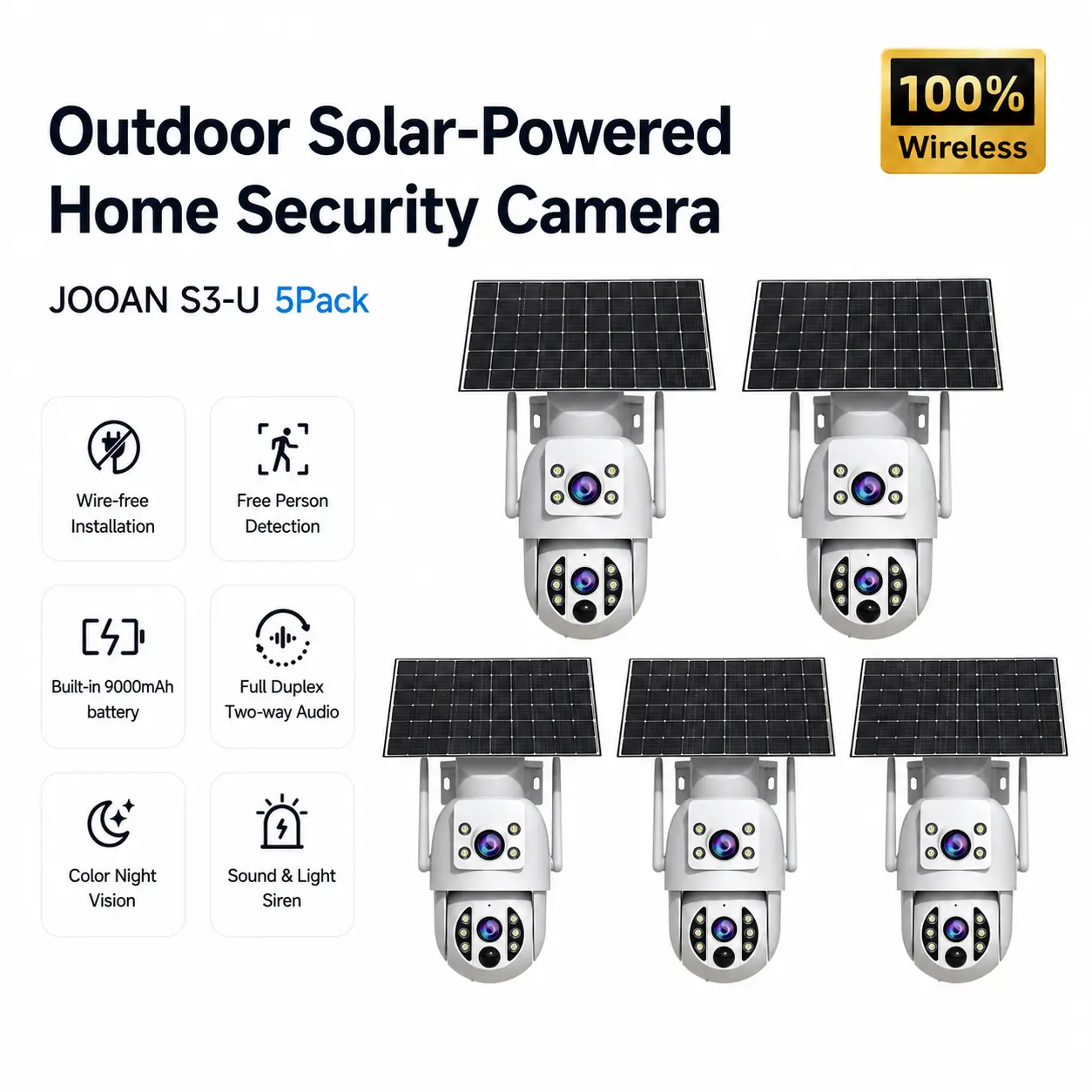 5PCS JOOAN Wireless Solar Security Cameras, 3MP HD 2.4G WiFi Outdoor Home Surveillance, 330° Pan 90° Tilt, Human Motion Detection, Color Night Vision, 2-Way Audio, 9000mAh Battery