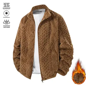 Men's fleece jacket, new autumn and winter plush coat, featuring a cable knit design, 100% polyester fiber, loose casual retro versatile warm top, campus activity clothing, outdoor sports jacket