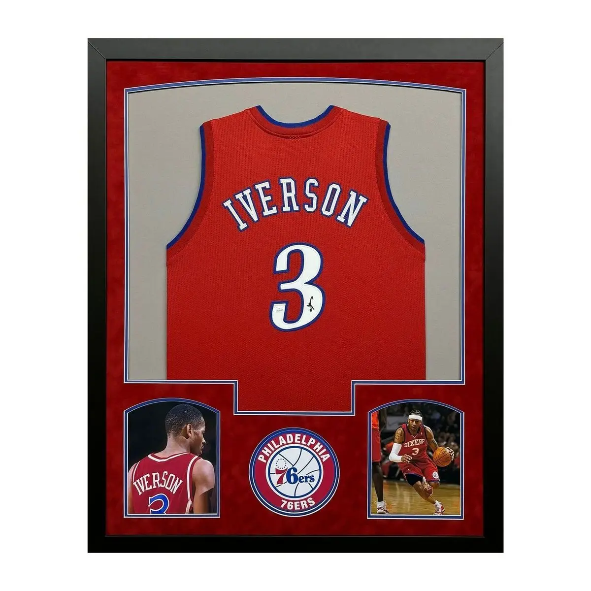 Iverson Jersey Framed Collectible Philadelphia Red Basketball Jersey with Iverson Highlighted Framing for Display