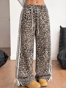 Women Lady Leopard Graphic Wide Leg Trousers Casual Elastic Waist Loose Fit Sweatpants with Side Stripes Lounge Wear