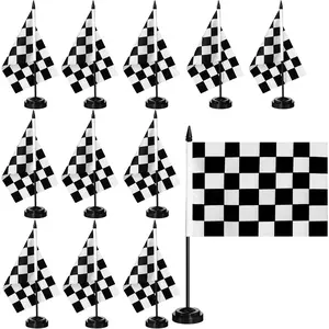 12 Pcs Black and White Checkered Racing Stick Flag Sets Mini Racing Office Table Stick with 12" Solid Pole Black Stand Base Decorations for Desk Car Party