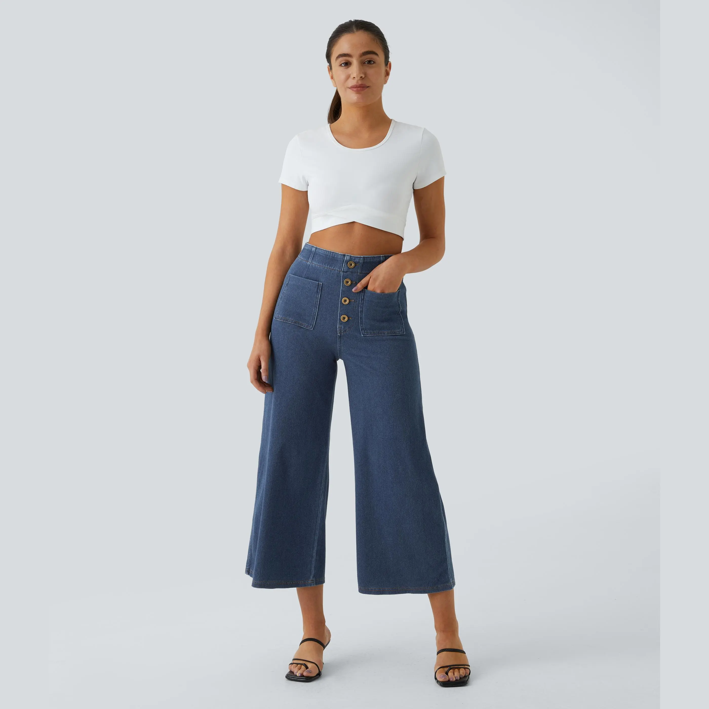 Halara Flex High Waisted Pockets Washed Casual Wide Leg Jeans
