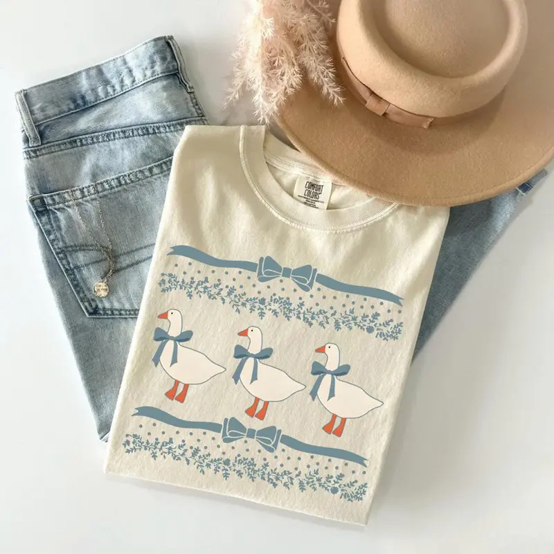 Comfort Colors 1980s Blue Ribbon Goose With Hearts Ugly T-Shirt, Original Shirt Bows and Adorable Doodle Hearts Animal Lover T-Shirt, Duck T-Shirt