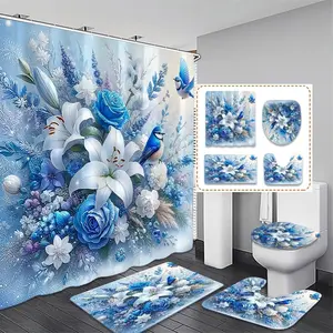 Creative Blue Floral Bird Theme Shower Curtain Set, Includes 12 Plastic Hooks, Non-Slip Mat, Toilet Lid Cover, Home Bathroom Decor, Bathroom Decoration Accessories