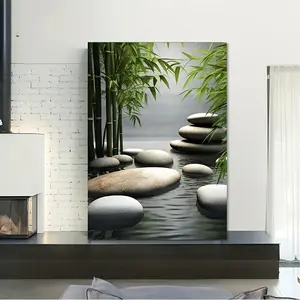 Tranquil Bamboo and Pebble Pattern Wooden Frame Canvas Painting, Modern Art Wall Decoration, Home Living Room Bedroom Office Wall Decoration, Poster Wall Art, Wall Decoration Painting