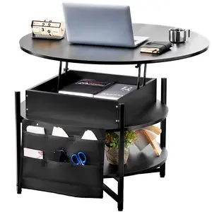 VEVOR Lift Top Coffee Table,  35.3 in Round Coffee Table with Extra Storage Pockets, Pop Up Coffee Table for Living Room, Black