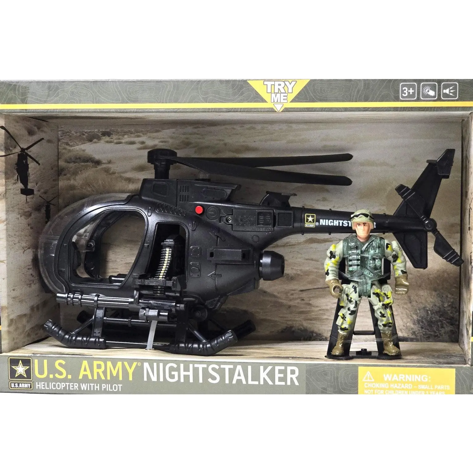 U.S. Army Night Stalker Helicopter with Soldier Figure and Light/Sound Midnight Black Color Realistic Lights Sounds Perfect Gift for Kids
