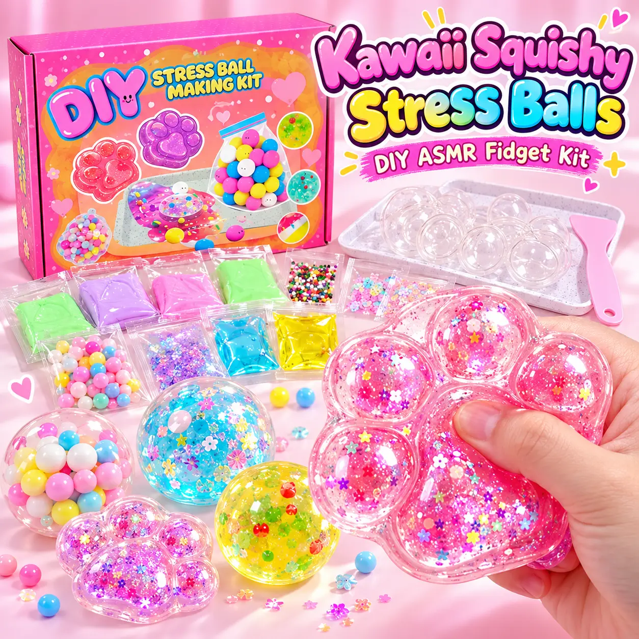DIY Squishy Stress Ball Making Kit, Oddly Satisfying Kawaii Cat Paw Fidget Toys with Slime Beads, Glitter, Sensory Friendly ASMR Soft Mochi Texture Stress Relief Toys, Creative Gifts for Girls/Kids Ages 6+