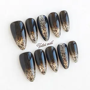 Black Gold Rose Handmade Press-On Nails | Long Almond Shape, 10pcs | Gothic Luxury Style | Black Ombre Base & Gold Shimmer & Hand-Painted Black Rose Vines | High Gloss Finish | Reusable DIY Nail Kit for Spring & Festivals | Edgy Elegant Look
