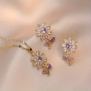 [Elegant Jewelry] 3pcs Exquisite Full Shiny Zirconia Inlaid Dangle Earrings & Pendant Necklace | Elegant Cute Style Delicate Female Jewelry Set Horseshoe Buckle Love Bracelet lucky flower design budget  jewelry  win vc necklaces petal