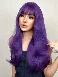 26 Inch Purple Long Curly Wigs for Women, Gorgeous Fluffy Wigs with Bangs, Synthetic Full Machine Wigs for Party, Daily Use, Synthetic Material Wigs, Machine Made Wigs