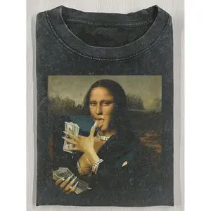 Mens Heavy Washed TShirt Featuring Mona Lisa and Fibonacci Sequence Finance Design with Money and Calculator Patterns Retro Street Style Crew Neck AllSeason Casual Short Sleeve Perfect Gift for Financial Experts