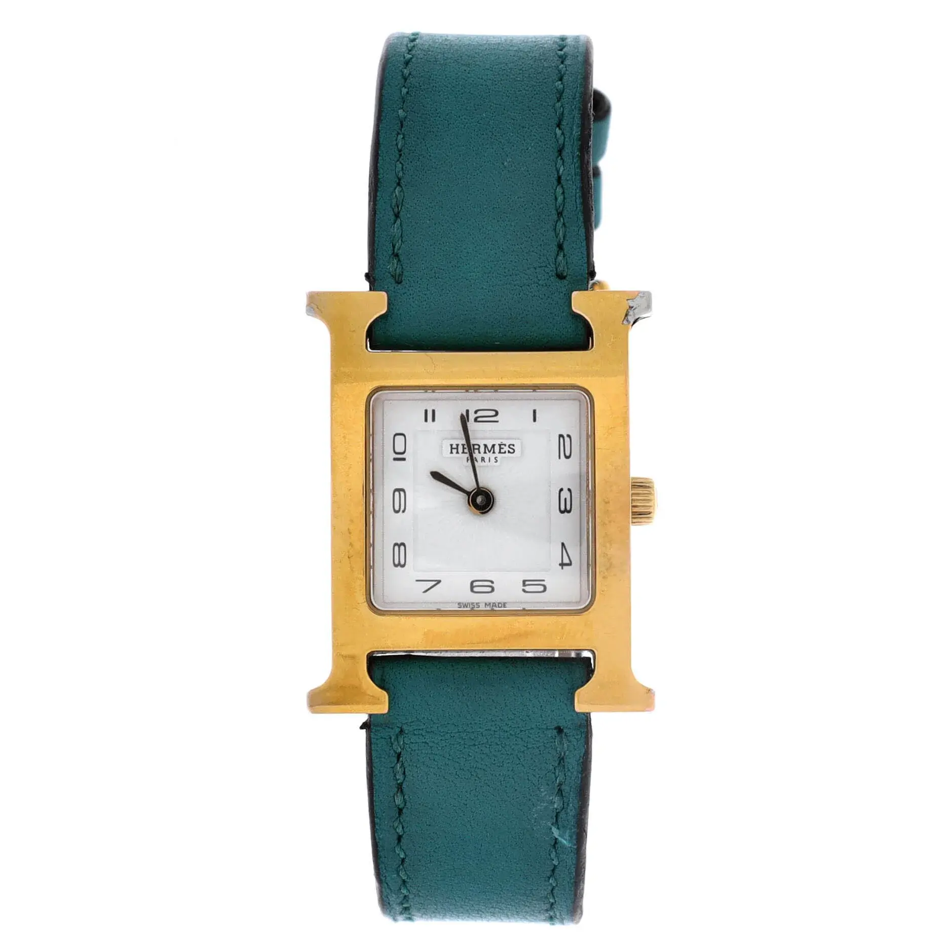 Pre-owned Hermes Heure H Quartz Watch Plated Metal and Leather 21 by Rebag
