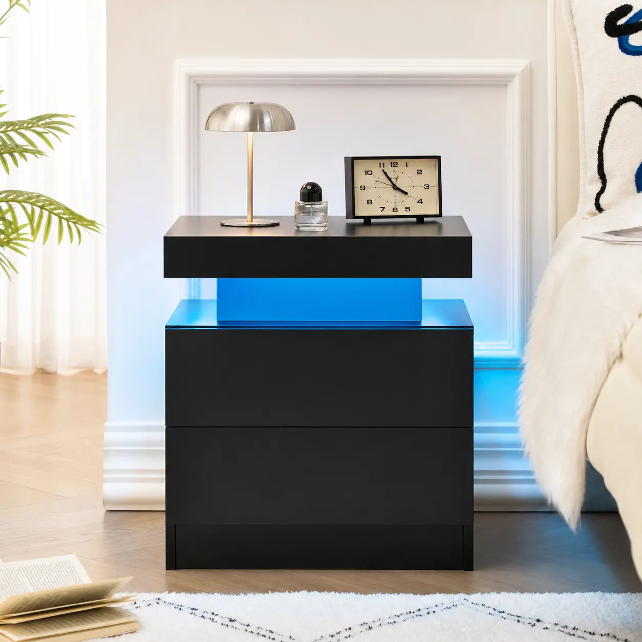 2-Piece Modern LED Nightstand Set - Engineered Wood Rectangular Floating Top Side Tables with 2 Drawers, App & Remote Controlled RGB Lights, Compact Fit, Easy Setup, Indoor Bedroom Bedside End Tables