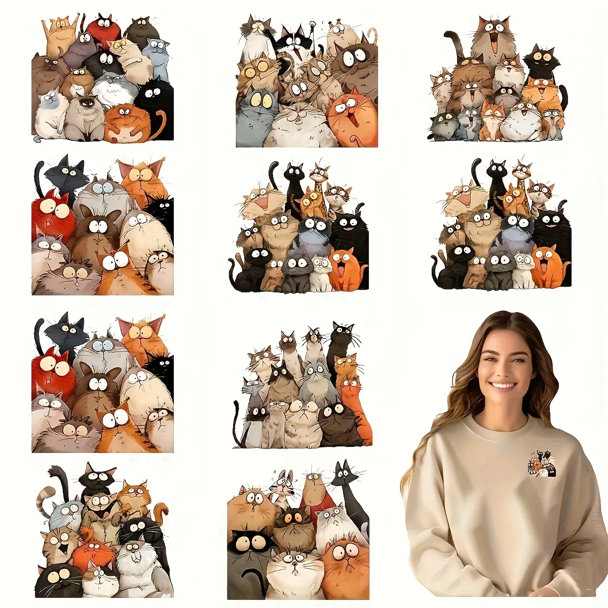 12-Piece Fun Cat DIY Iron-On Patches, Washable Vinyl Heat Transfer Stickers, Cartoon Cat Designs for T-Shirts, Jeans, Masks, Backpacks