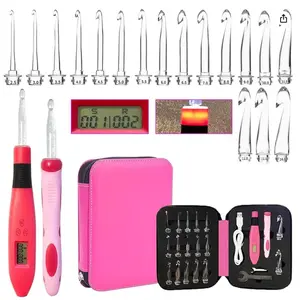 17 Size Light Up Crochet Hook Set with Row & Stitch Counter, 2.5mm-14mm Rechargeable Crocheting Hooks Complete Set with Ergonomic Handle & Red Zipper Case for Women