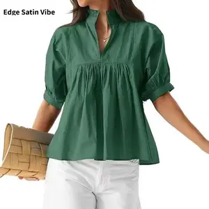 Spring new women's elegant solid color three-quarter sleeve pleated shirt in five colors