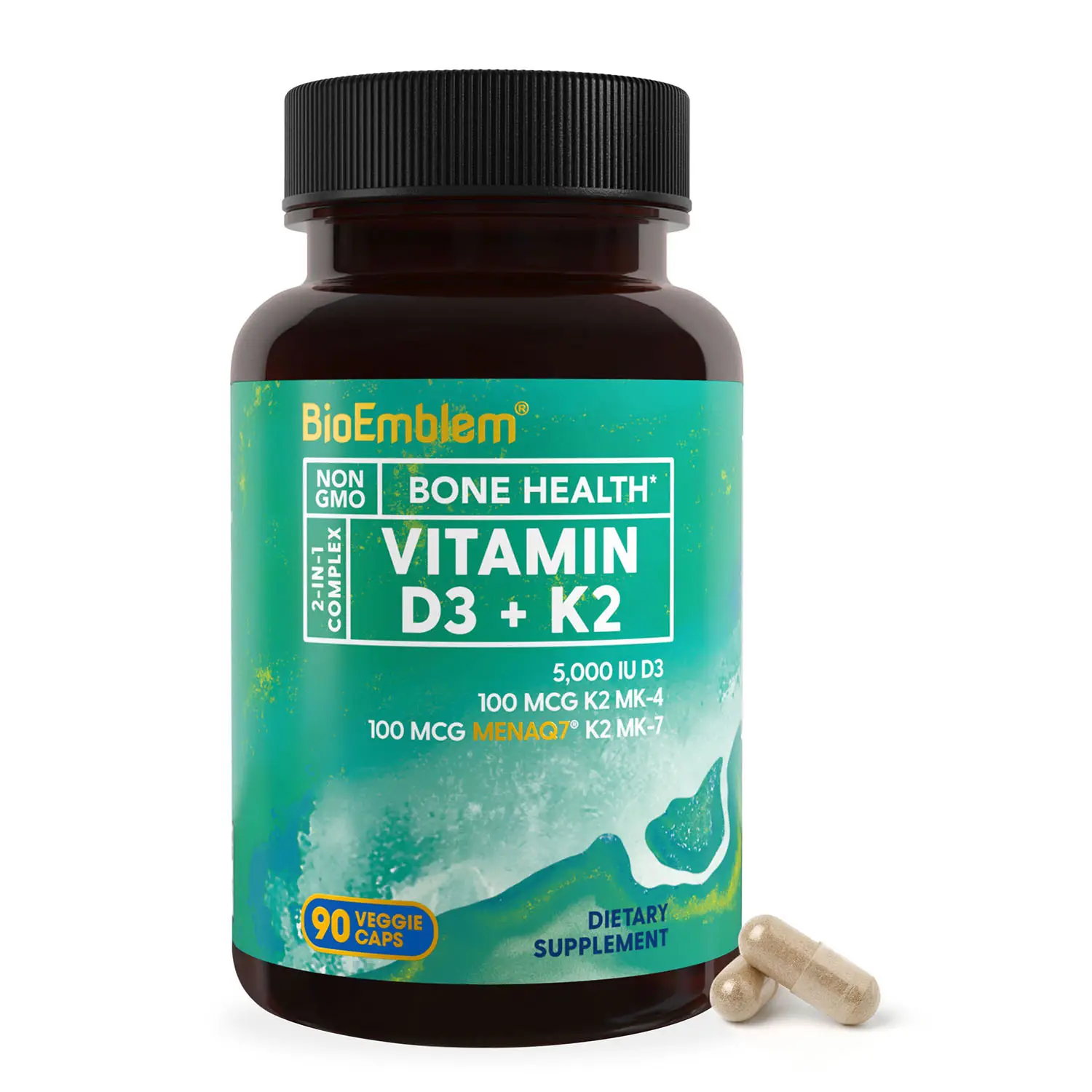 BioEmblem Vitamin D3 K2 Capsules 5000 IU (D3) & 100mcg K2 MK-7 Vegetarian Non-GMO Gluten-Free Dietary Supplement 60-Day Supply Made in USA