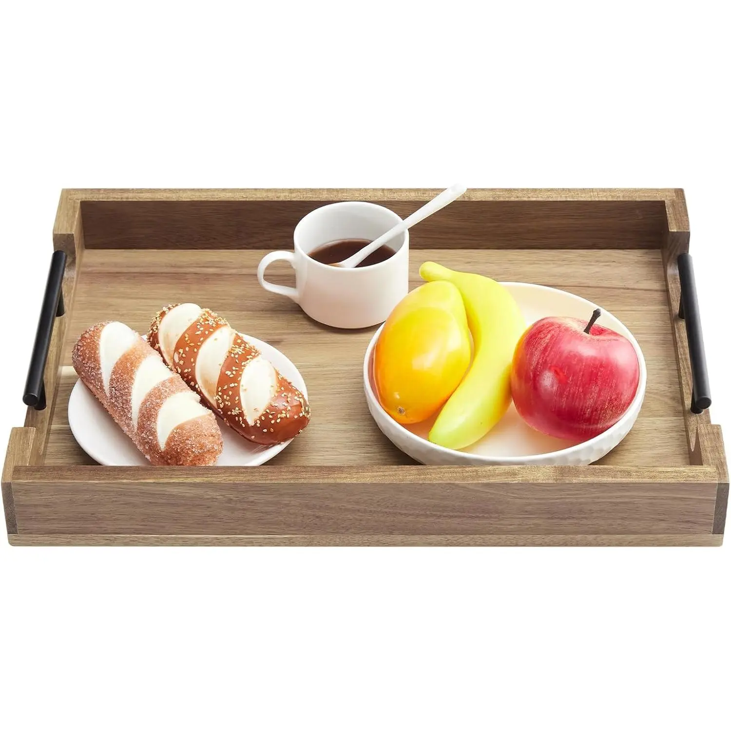 GARVEE Sturdy Rectangular Acacia Wood Serving Tray with Metal Handles (17"x12"x2") - Stylish Multi-Purpose Kitchen Board for Meals, Snacks
