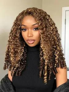 Highlight Burmese Curly Lace Frontal Human Hair Half Wig 4/27 Brazilian Pixie Curls Human Hair Wig For Women