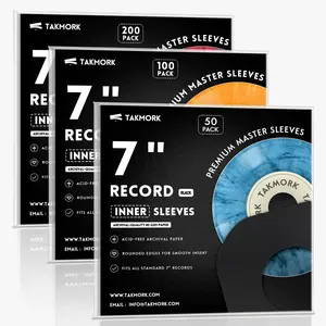 Takmork 7" Vinyl Record Inner Sleeves – Heavyweight Acid-Free Paper | Rounded Corners Slim Jackets for 45 RPM Singles | Black