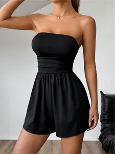 Women's Solid Color Tube Sleeveless Romper, Casual Comfy Overalls Romper for Daily Wear, Ladies Clothes for All Seasons, Suits