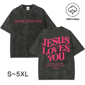 Digital inkjet printing Printed T-shirt, Men'S Vintage Wash Cotton T-shirt, Jesus Loves You Letter Pattern, Vintage Wash, Round Neck, Comfortable Fit, Casual Summer Wear, Suitable For Outdoor Wear, 260g, Washable vintage style top, graffiti inkjet printin