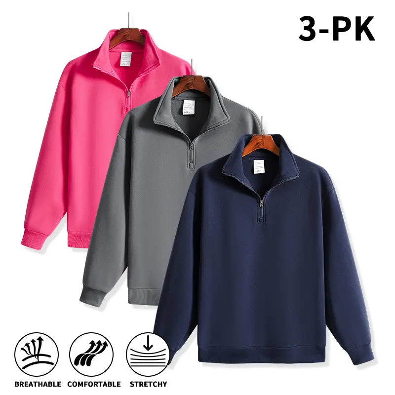Men's 3-Pack Quarter Zip Pullover Sweatshirts Stand Collar Loose Long Sleeve Stretch Breathable Casual Athletic Tops Fall Winter Daily Outfit buckzip clothing