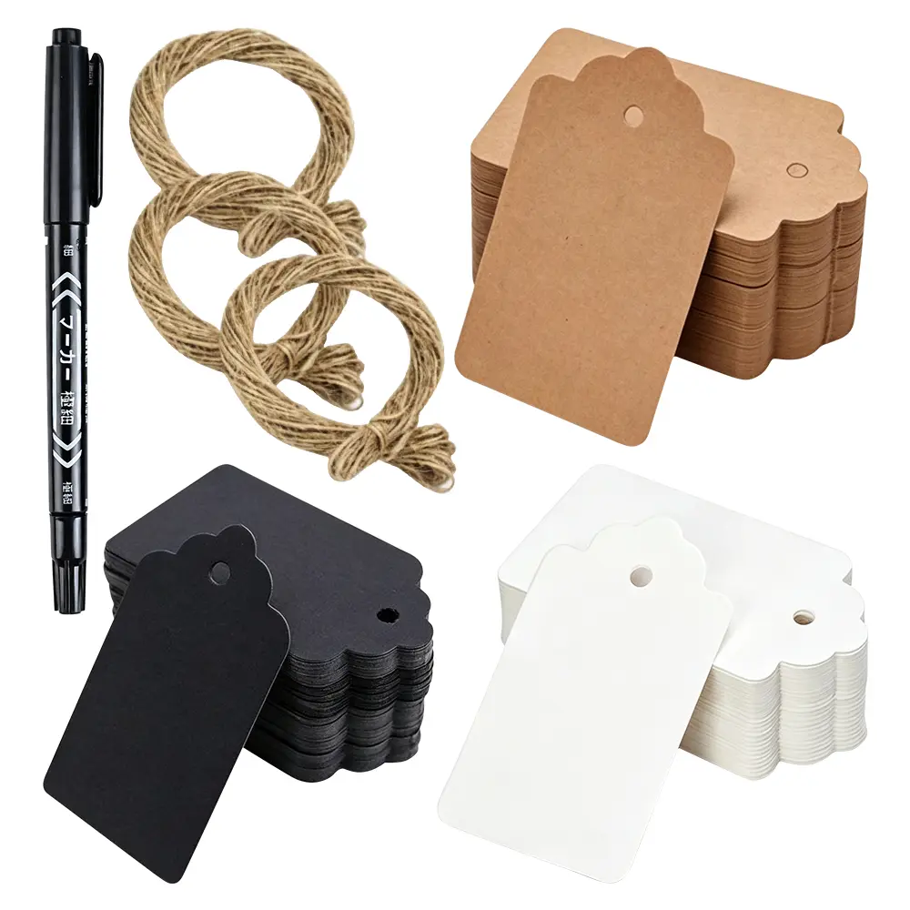 300Pcs Paper Gift Tags Assorted - White Black Kraft Paper Tags with 3 Rolls 20M Natural Jute Twine & 1 Marker Pen, Blank Hang Label Tags for Gift Wrapping, Wedding Favor, Christmas Holiday, DIY Craft, Jar Labeling, Party Decoration