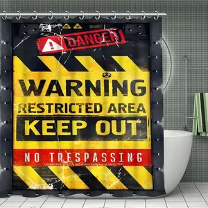 1/4 pc WARNING: Do Not Enter. Letter Pattern Bathroom Set, including shower curtain, toilet seat cover, bathroom mat, and toilet seat cover, bathroom decor items, Shower Curtain Sets