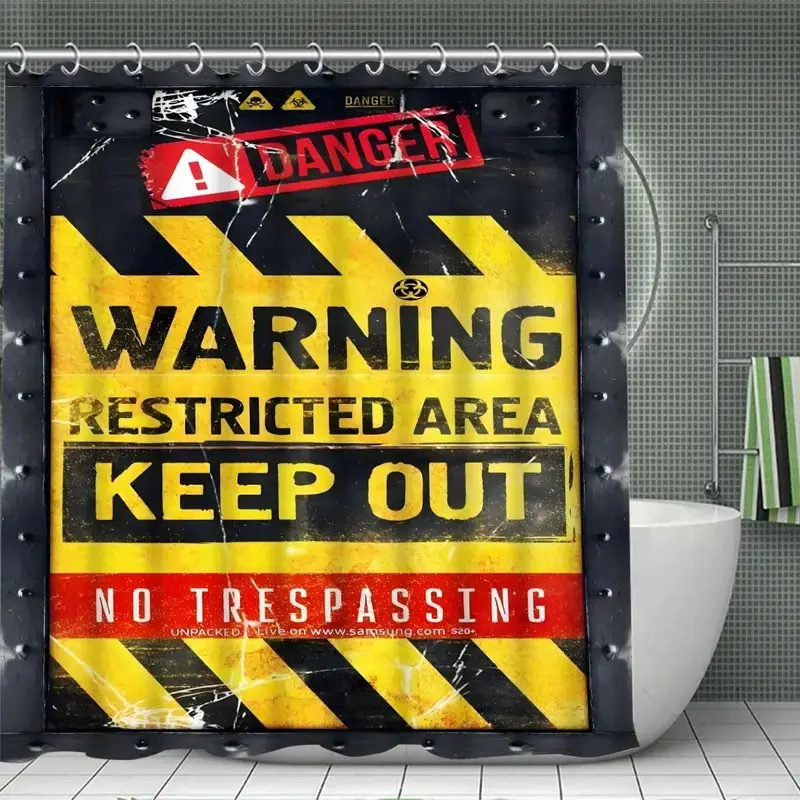 1/4 pc WARNING: Do Not Enter. Letter Pattern Bathroom Set, including shower curtain, toilet seat cover, bathroom mat, and toilet seat cover, bathroom decor items, Bathroom Decoration Accessories, Shower Curtain Sets, Bathroom Accessory
