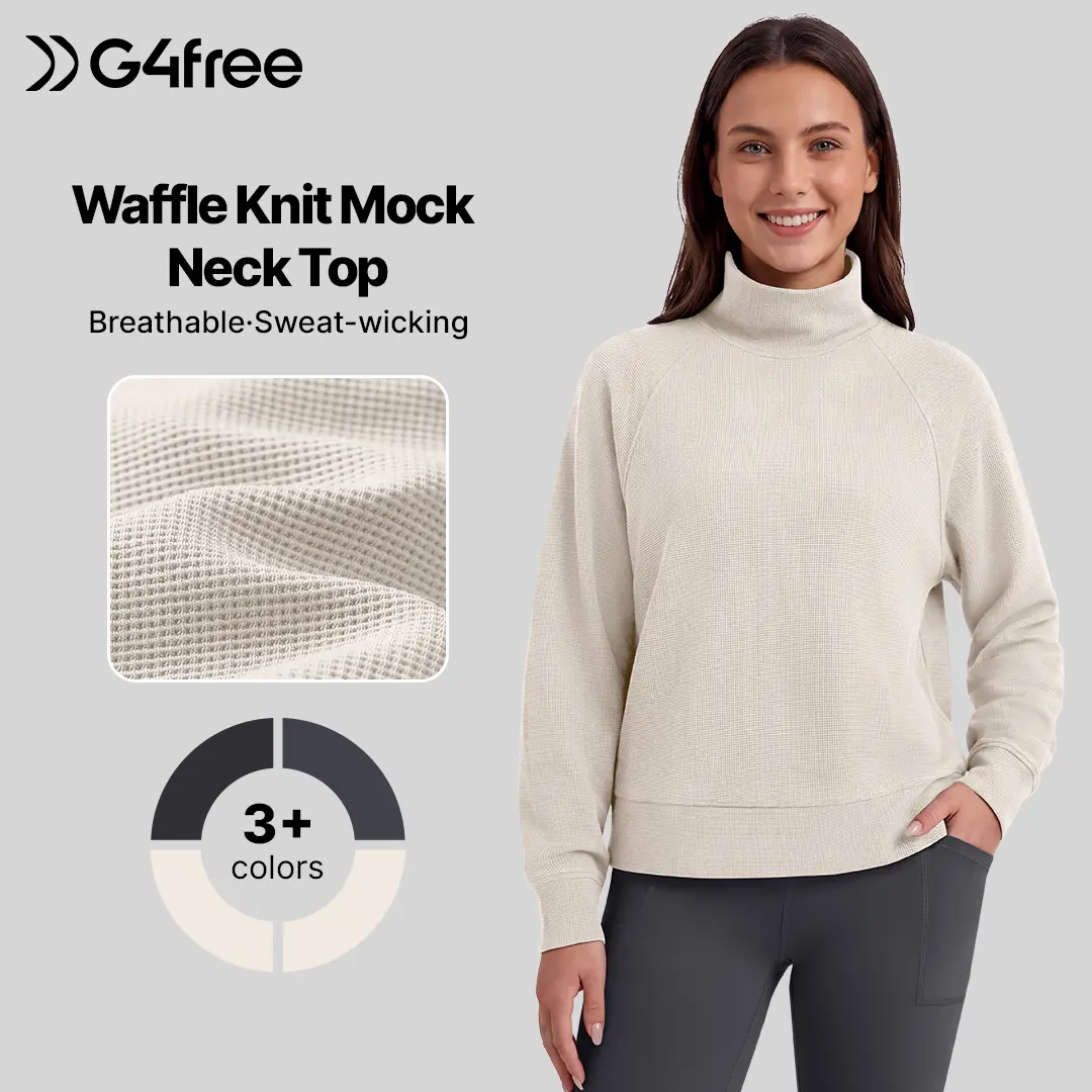 G4Free Women's Waffle Knit Long Sleeve Mock Neck Pullover Sweatshirt, Raglan Sleeve Hip-Length Relaxed Fit Womenswear Top, Smooth Breathable Sweat-Wicking Fabric for Casual Everyday Wear
