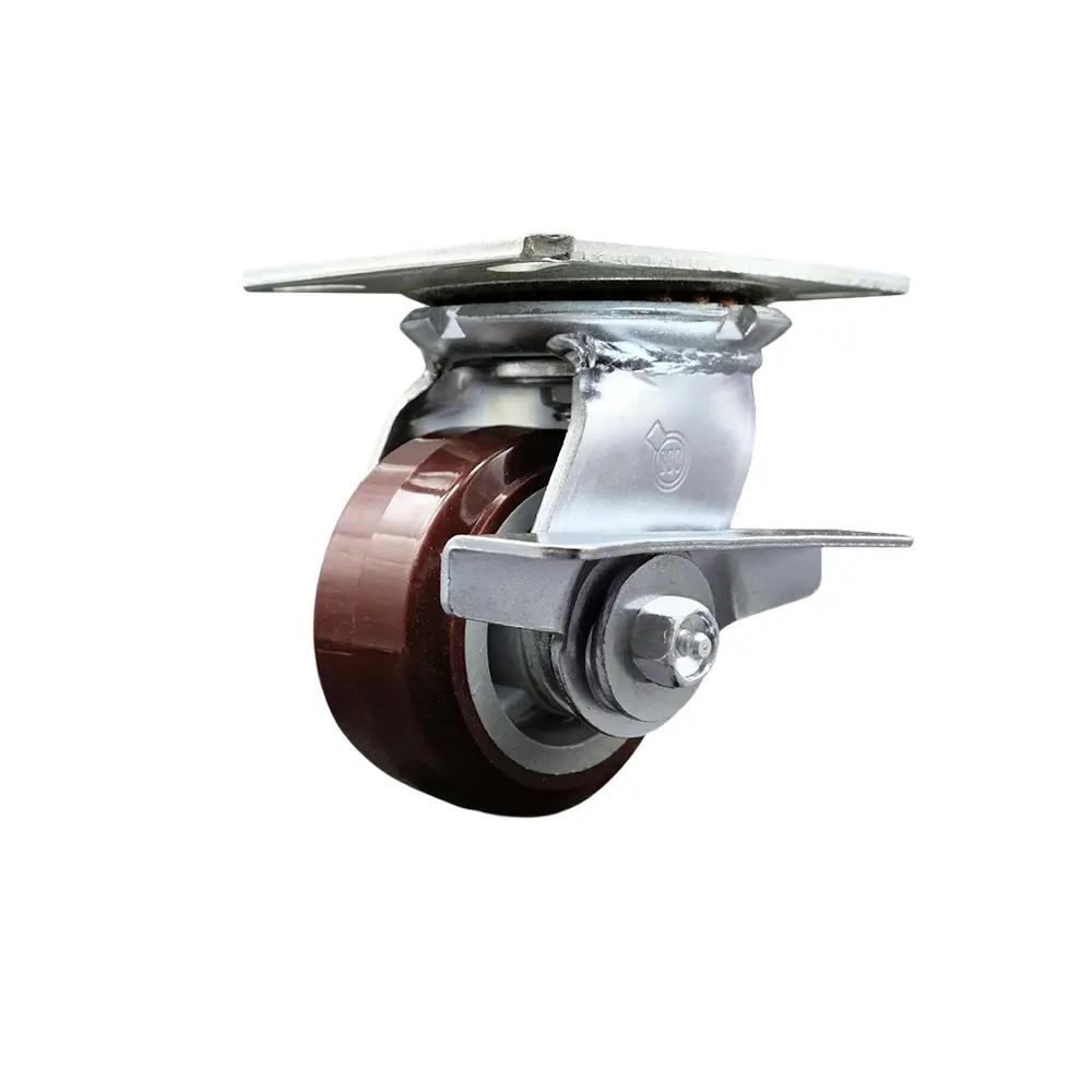 Service Caster SCC-35S420-PPUR-SLB Heavy Duty Large Top Plate Polyurethane on Polyolefin Swivel Caster with 4 x 2 in. Maroon Wheel & Side Lock Brake - 600 lbs Capacity per Caster