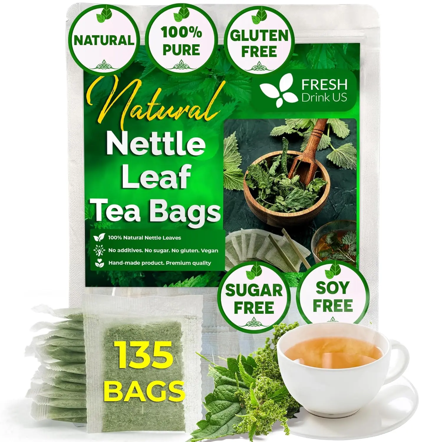 Premium 135 Nettle Leaf Tea Bags, Supports Joint Health & Overall Wellness, 100% Natural & Pure, Stinging Nettle Leaf Tea, Nettle Leaf Tea, Burn Nettle, Stinging Nettle, Nettle Tea, Stinger Tea, Sugar/ Caffeine & Gluten Free, Vegan