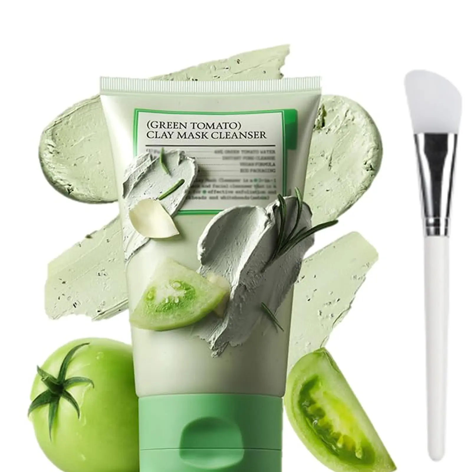 Green Tomato Clay Mask Cleanser - Gentle Calming Foam Facial Wash with Vitamins, Pore Minimizing, Blackhead Care, Sebum Control, Exfoliation, Vegan for Sensitive Skin