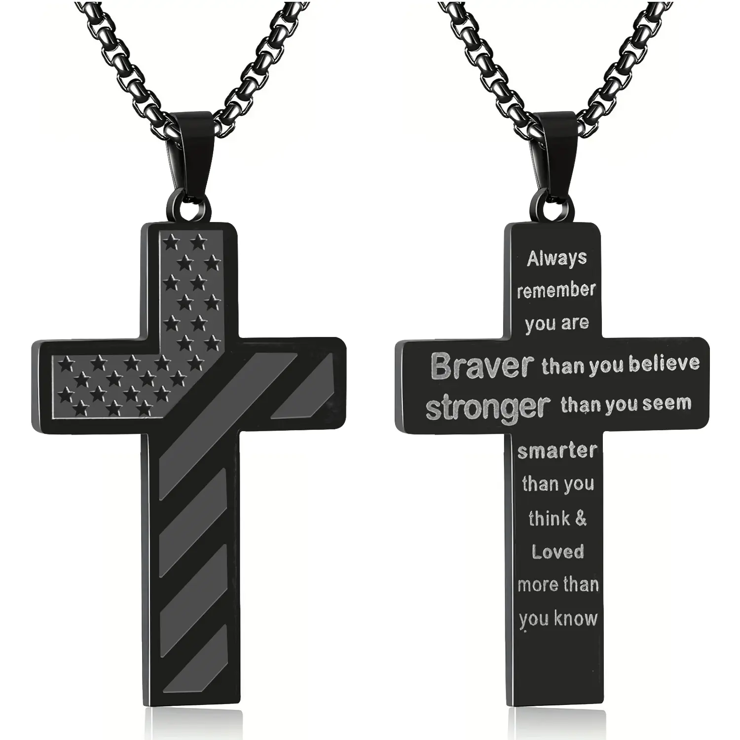 Cross Necklace with Bible Verse & American Flag Pendant – Stainless Steel Men’s Jewelry Gift |   Faith-Inspired, Bold & Patriotic Chain for Him