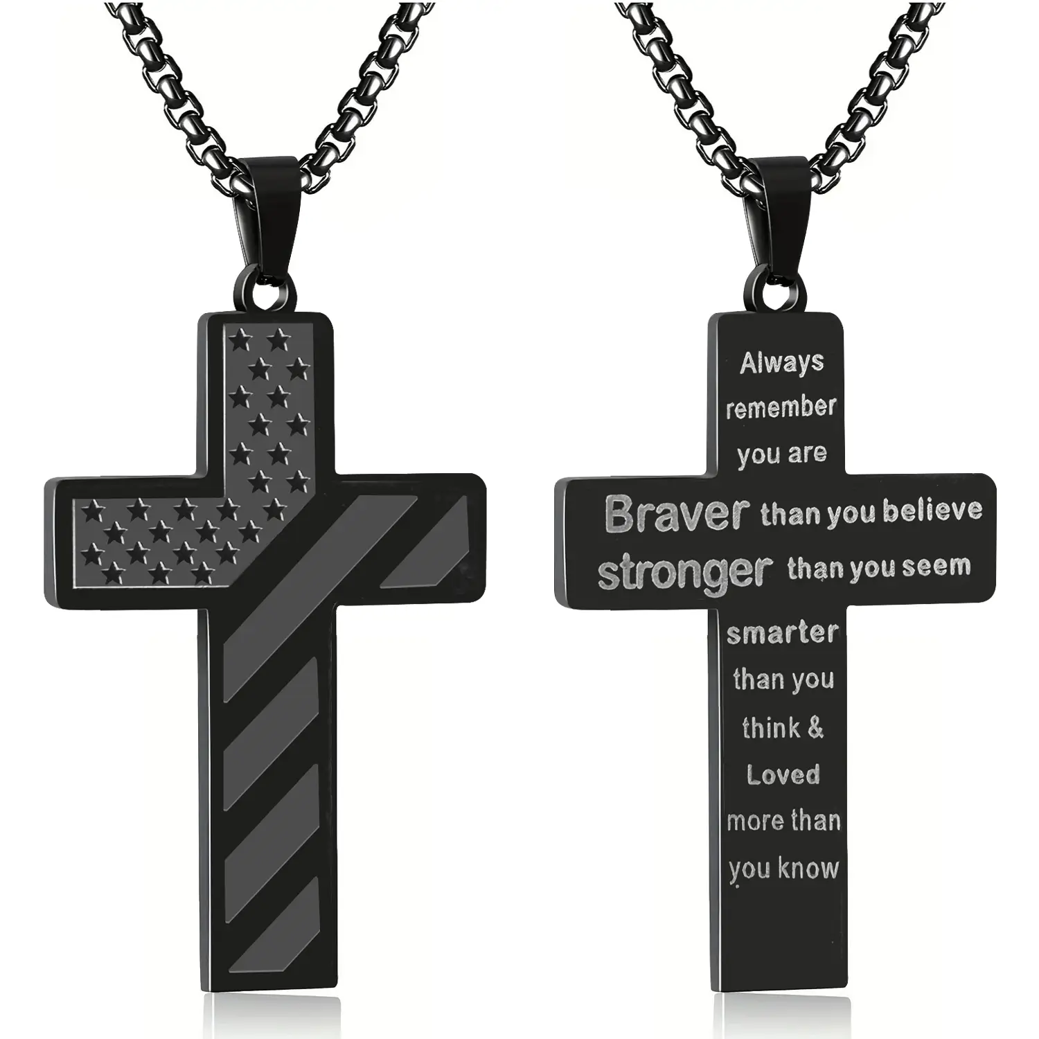 Cross Necklace with Bible Verse & American Flag Pendant – Stainless Steel Men’s Jewelry Gift | Faith-Inspired, Bold & Patriotic Chain for Him