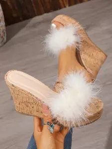 Women's Fashionable  Fluffy furry  Cork Wedge Sandals, Casual Comfortable Transparent High Heel Sandals for Summer, Female All-match Wedge Sandals for Daily Wear