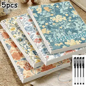 Vintage Pattern Spiral Notebook Set, A5/b5 Size, 60 Pages, Detachable Binding, Includes 1 Notebook + 4 Pens, School Office Diary Gift, Handmade Gifts