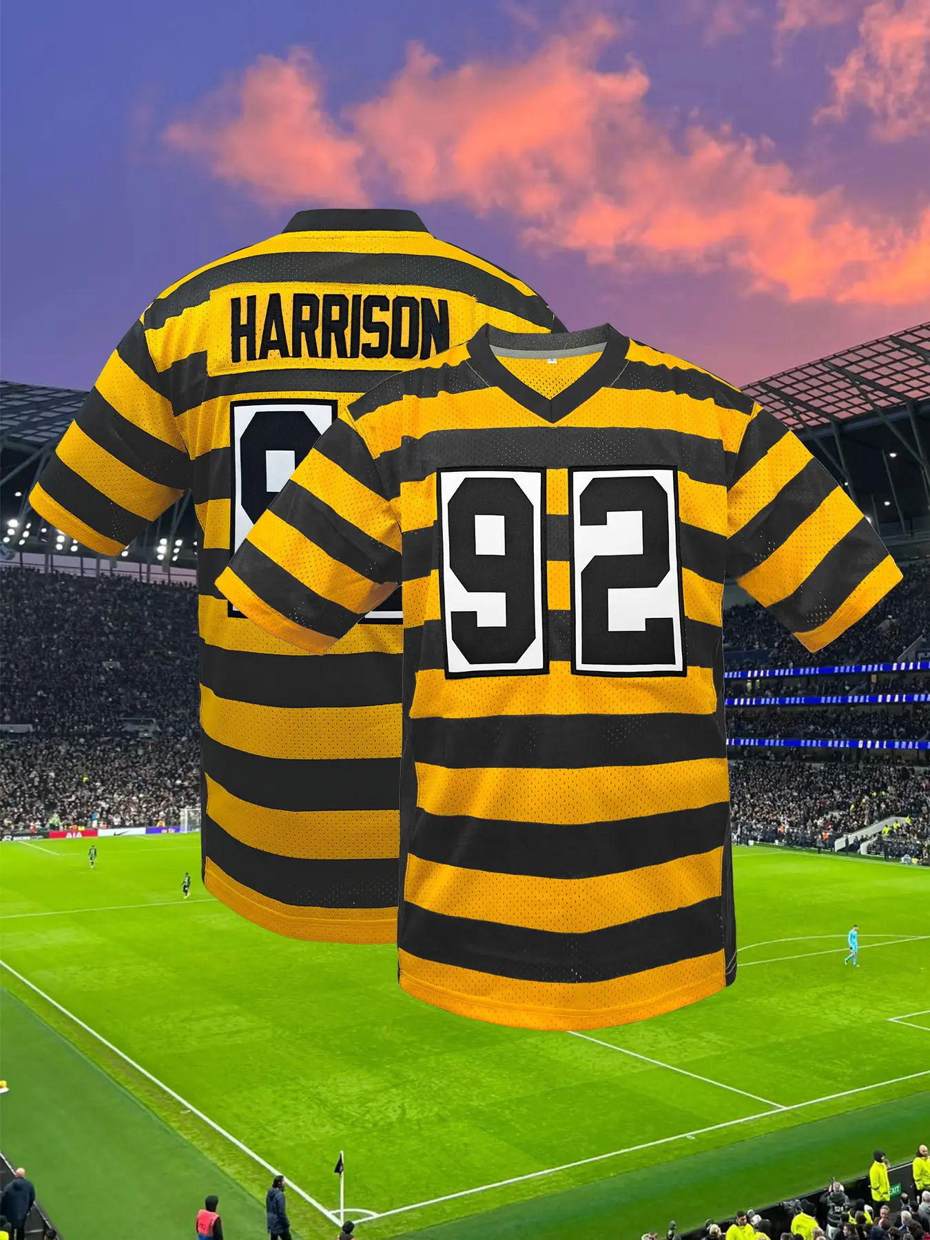 Men's 90 Yellow and Black American Football Stylish Jersey V Neck Short Sleeve Embroidered Sports T-Shirt, Casual Loose Fit Rugby Jersey, Knit Fabric, Sports Top, Athletic Tops