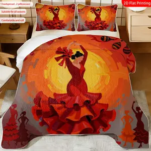 3 pcs, 2D flat print Flamenco dancer style bed cover set with Spanish dance theme, multiple sizes available, bedding set, festive decorative bedding, ideal for bedroom décor(1 bedspread , 2 pillowcase)