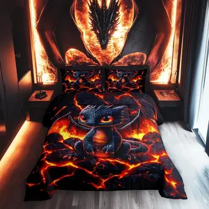 Dragon Comforter Set,Volcano Eruption 3D Red Lava Flame Print Bedding Set for Boys Girls,Cute Black Dragon Mystic Animal Natural Disaster Down Comforter